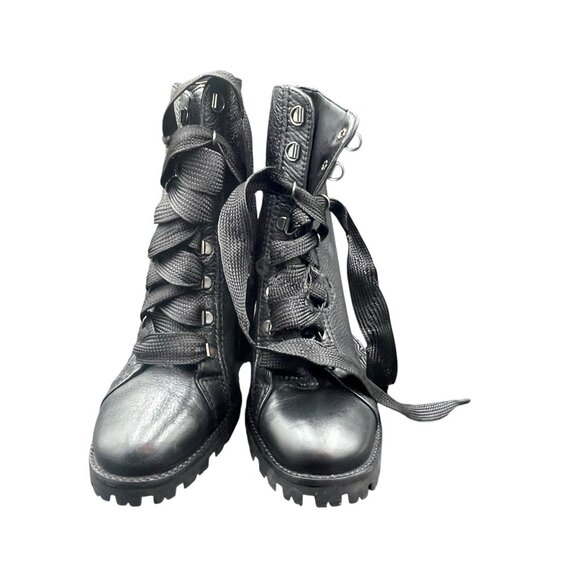 Schutz Zhara Lug Sole Boots Women’s 8.5 B Leather Black Lace Up Heeled - Picture 2 of 7